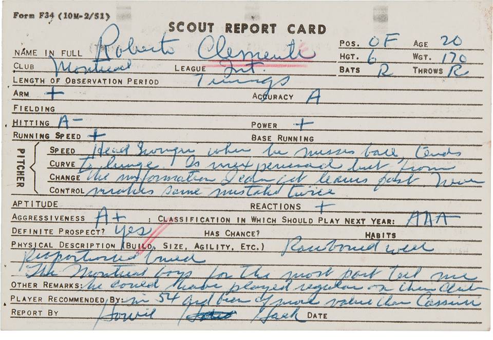 Scouting report on Roberto Clemente by Howie Haak